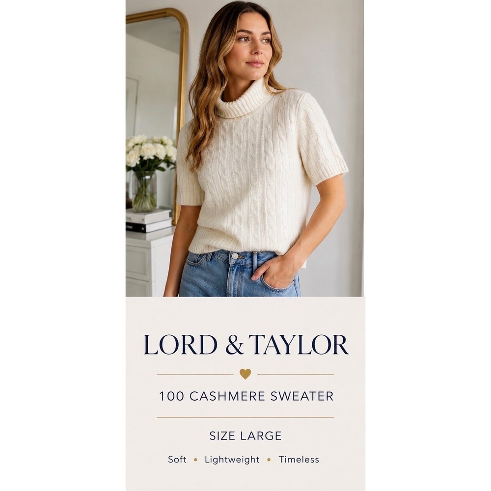 Lord & Taylor Women Large Ivory 100% Cashmere Cable Knit Short Sleeve Turtleneck
